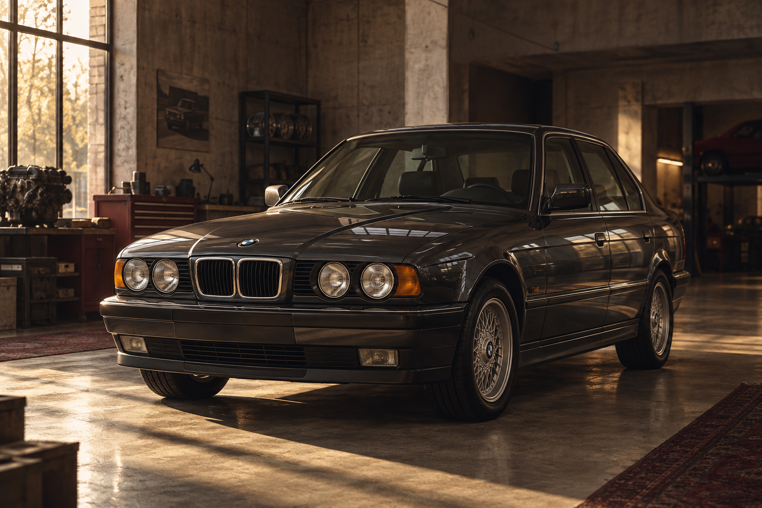 BMW E34 в тёплом свете гаража — иллюстрация бренда